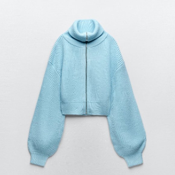 Zara Blue Balloon Sleeve Knit Cardigan - Picture 3 of 9